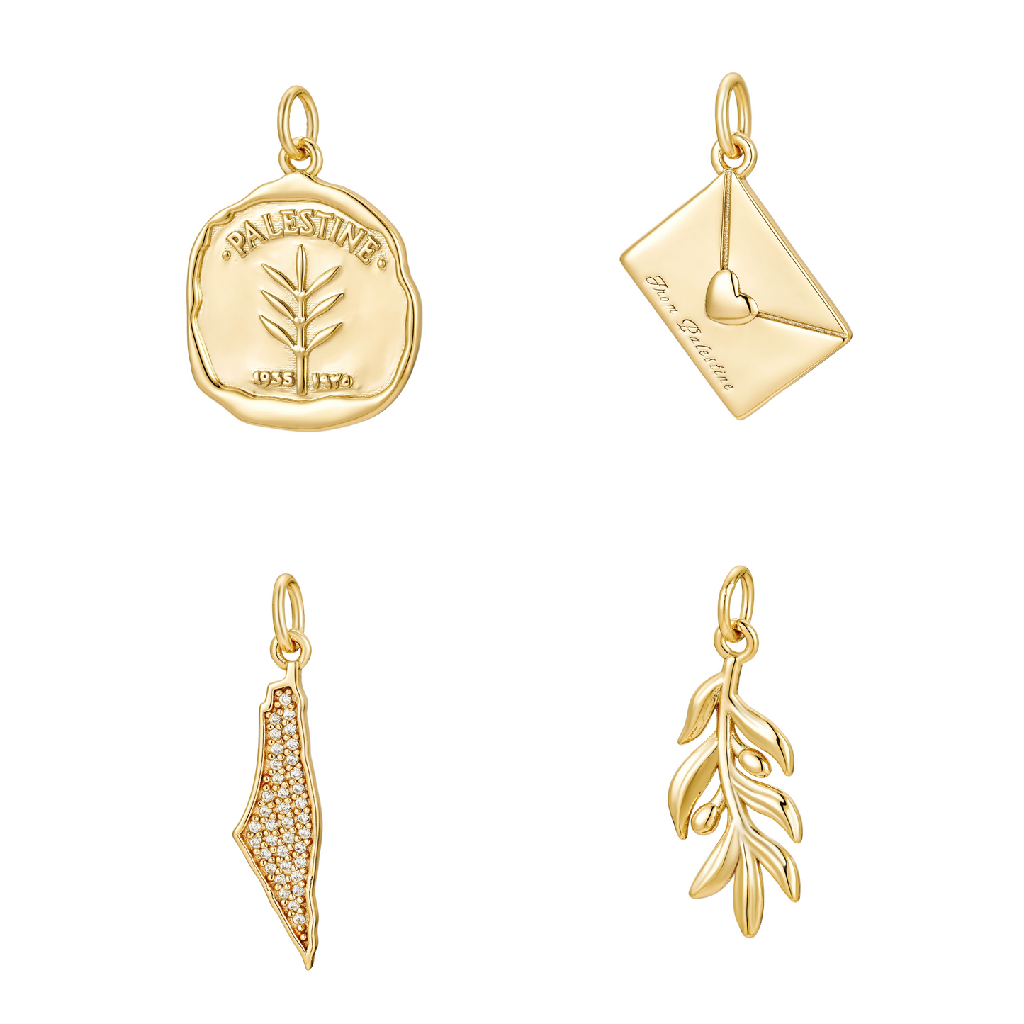 Image showing 4 charms, one Palestine coin, one envelope with the text 'From Palestine', one Palestine map and one olive branch.
