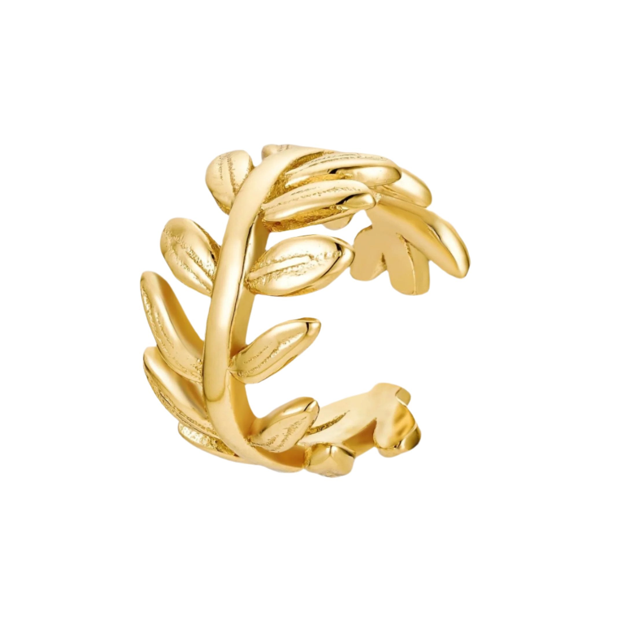 A gold ear cuff with olive leaves.