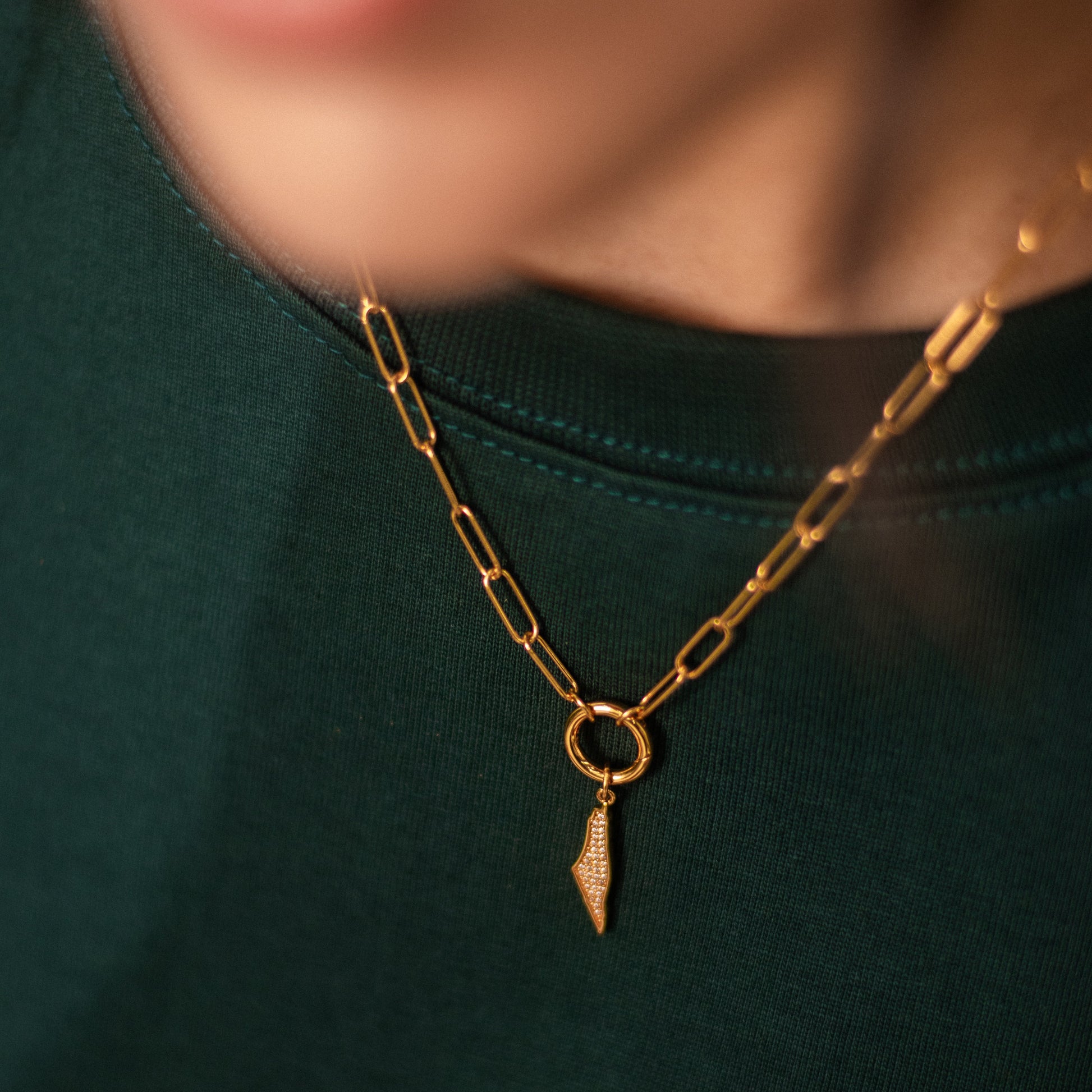 One Palestine map with diamond stones on a gold paperclip chain necklace.
