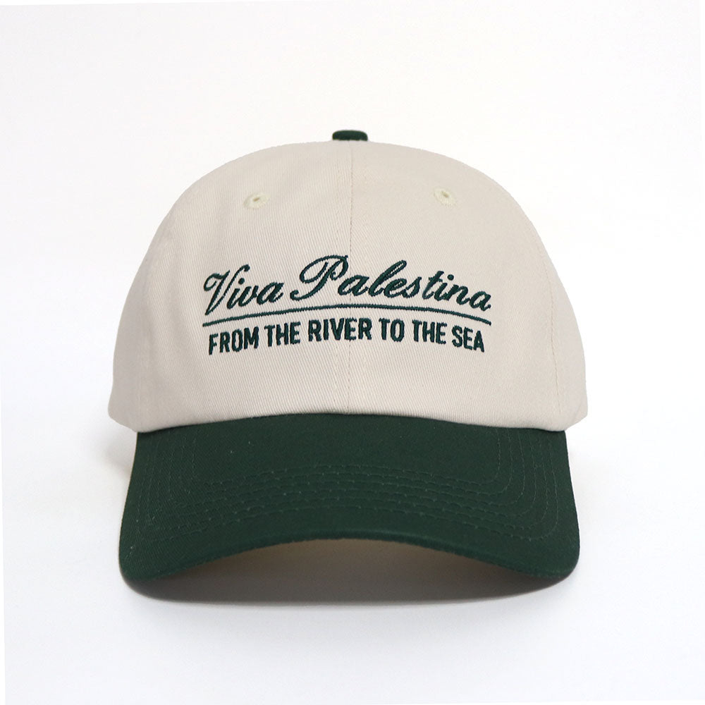Off-white and green dad hat with with the text 'Viva Palestina, From the river to the sea' embroidered in green.
